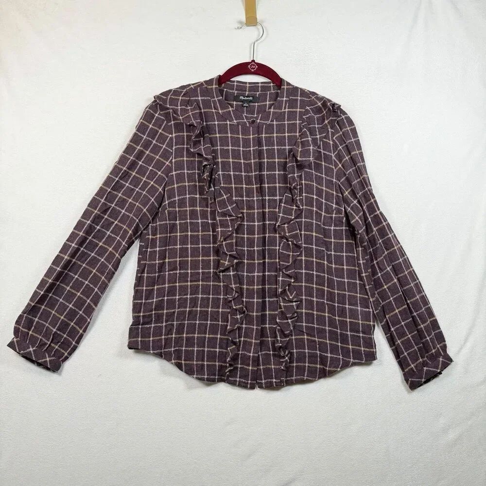 Madewell Ruffle Plaid Blouse Small Wool Blend Windowpane Metallic Thread Top